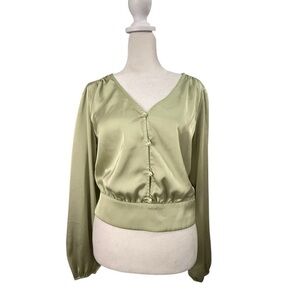 Sage Green Satin Blouse Freshwater Pearl-like Buttons V-Neck Cropped Top